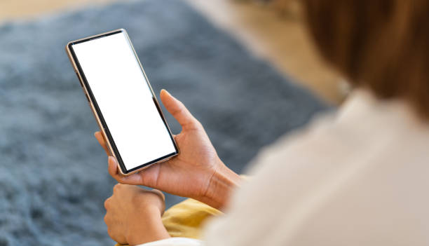 istock Human working on modern smartphone with blank white mobile screen for advertising, mockup, technology, advertising, search information, creative design, social media, online marketing, chat, phone 2159745226