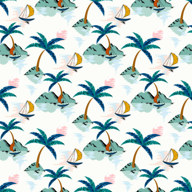 istock Summer tropical island seamless pattern. Vacation background design with landscape, palm trees, mountain, ocean and sailboat 2159745780