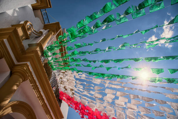This captivating image features a colorful display of papel picado, traditional Mexican cut-out paper banners, suspended in the sky above an architectural detail of the Guadalupe Church in San Cristóbal de las Casas, Chiapas. The delicate paper art forms a festive canopy against the backdrop of a clear blue sky, with sunlight filtering through, creating an interplay of light and shadow. The church’s cream-colored facade with ornate baroque elements adds historical depth to the scene, illustrating the rich cultural heritage of this region. Perfect for projects needing to convey the vibrant culture and traditions of Mexico.
