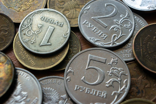 Russian currency, coins and banknotes top view. High quality photo