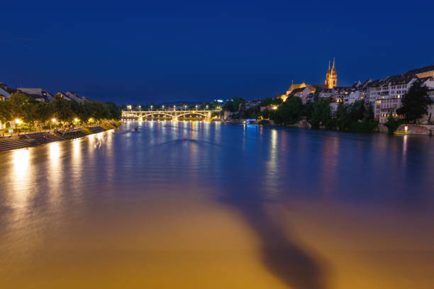 Night view of illuminated riverside of Rhone river in Lyon, France stock photo