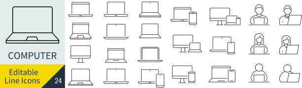 bildbanksillustrationer, clip art samt tecknat material och ikoner med an icon set for computers with editable lines (not outlined) - laptop