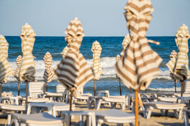 Rows of folded beach umbrellas and chairs on a sandy beach