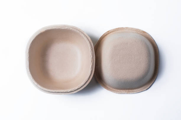 Top view of eco friendly biodegradable food container paper box on white background. Closeup