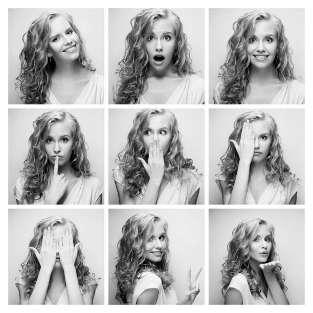 Portraits of young girl and different facial expressions. Expressions that consist of different emotions such as 32 teeth smiling, sad, pessimistic, joyful. The beautiful girl working at the agency has different gestures and facial expressions.