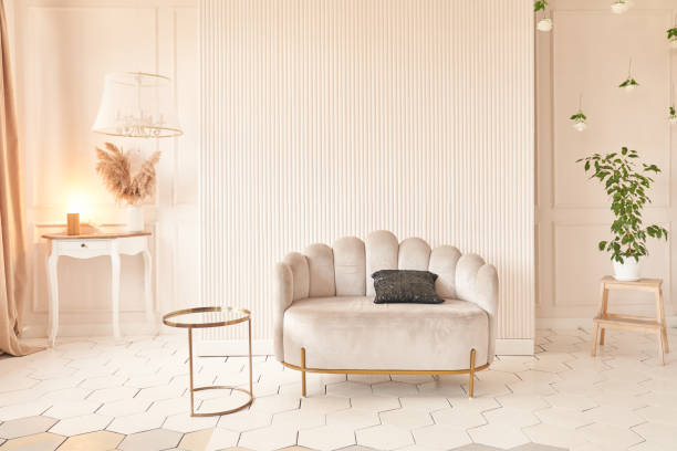 istock Creative composition of the living room interior with an uneven sofa in a modern style, with space for copying. Home decor. Pattern 2159770005