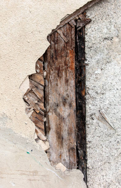 istock Old wood under the plaster of a cracked wall. Abstract background 2159770983