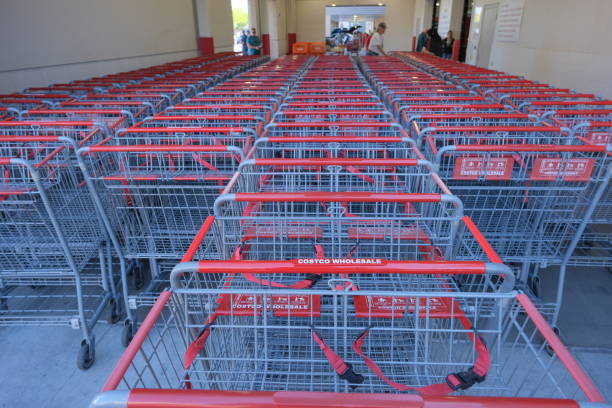 Sacramento, California, USA - April 20, 2024: Shopping carts at Costco Business Center located at 3360 El Camino Ave, Sacramento, California. Costco Business Centers offer a unique selection of bulk products catered to businesses. Regular Costco shoppers may enjoy browsing options not available at Costco Wholesale locations.