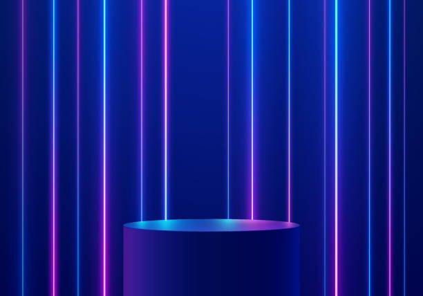 istock 3D dark blue round product podium background with glow neon lighting lines. Abstract futuristic composition in minimalist design. Studio showroom product pedestal, Fashion stage showcase mockup scene. 2159773595