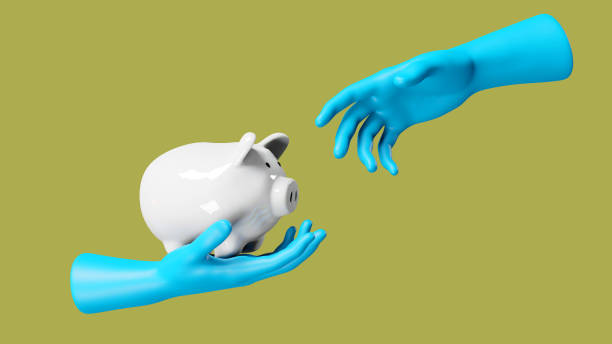 istock Yellow hand statue holding a pig piggy bank, clipping path, 3D render 2159773884