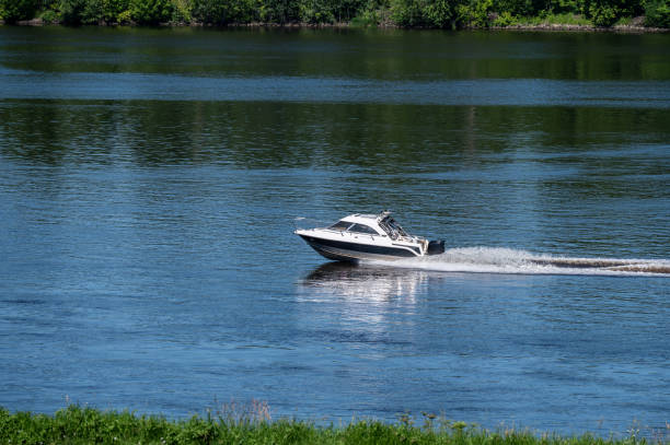 istock Motor boat goes fast on water. 2159774977