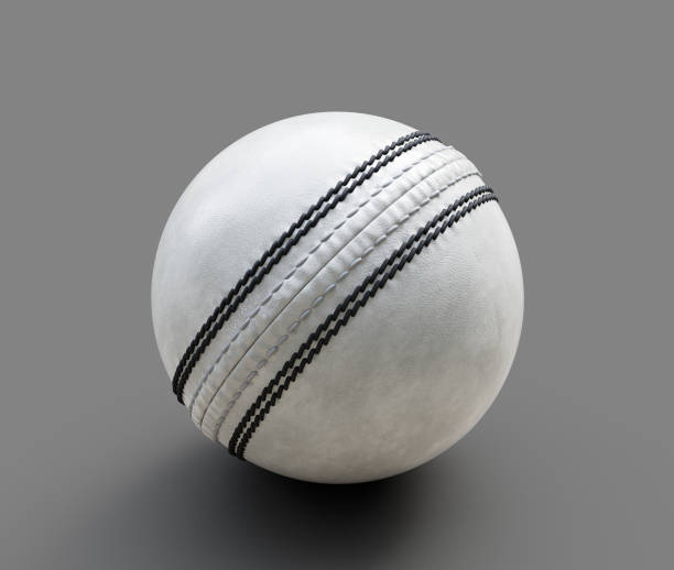 istock 3D White Leather Stitched ODI One Day International Cricket Ball On Grey Background 3D Illustration 2159775242