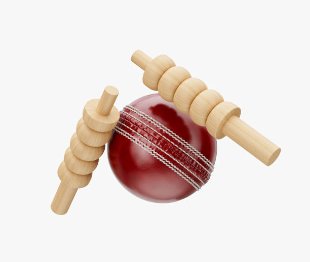 istock Shiny Red Leather Stitched Test Cricket Ball With Two Wicket Bails White Background 3D Illustration 2159775255