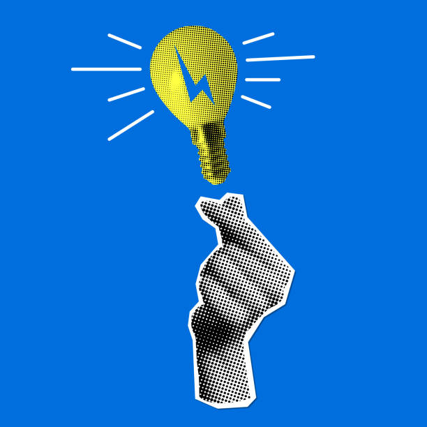 Modern collage with halftone hand and light bulb Idea generation concept. Modern collage with halftone hand and light bulb. Light bulb lights up with a snap of your fingers. Knowledge concept. Inspiration. Creative thinking in business hand snapping fingers stock illustrations