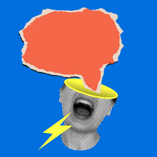 ilustraciones, imágenes clip art, dibujos animados e iconos de stock de collage moderno con cabeza de mujer gritando y burbuja de diálogo - irritación