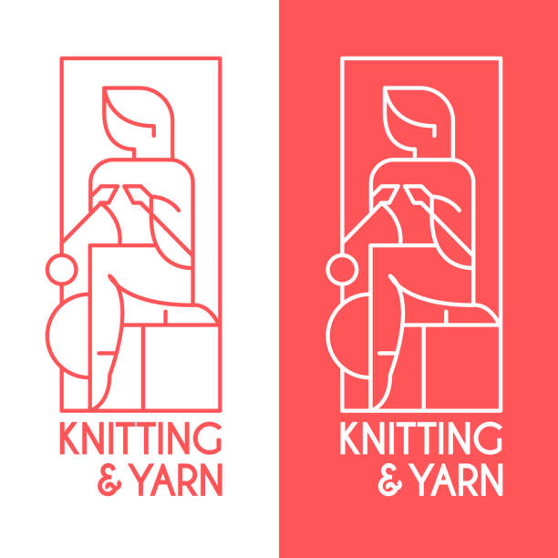"Knitting and Yarn" - logo template for hand crafted knit textiles. Vector illustration in flat line technique of a woman sitting and knitting. fashion designer logos images stock illustrations