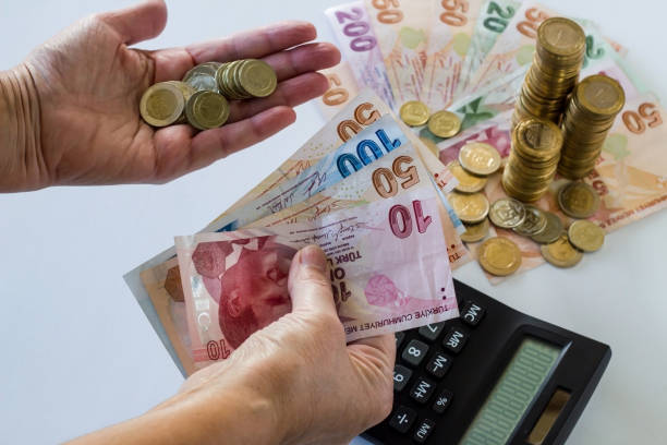 istock Hand holding Turkish Lira Banknote and coins 2159796888