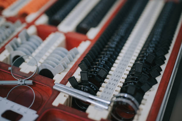 Optometrist diopter tool in an optician laboratory Optician's Case Full Of Eyesight Testing Lenses