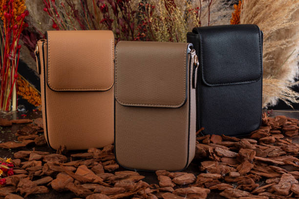 Leather bags in various shapes in studio photo