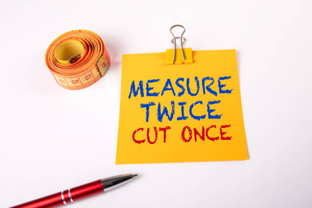 Measure twice, cut once. Yellow notepad and measuring tape on white background.