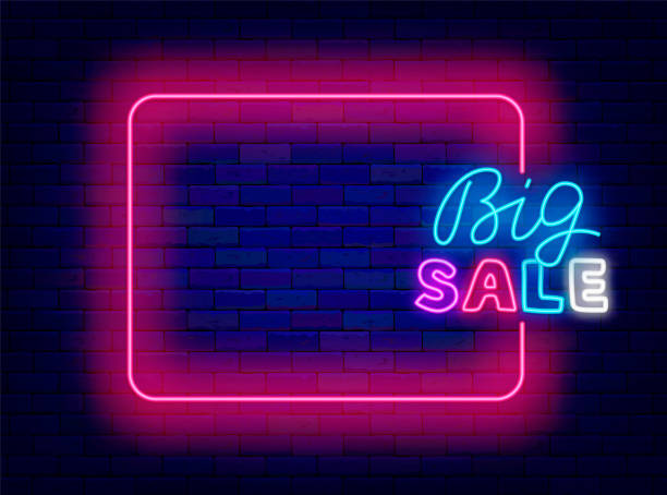 istock Big sale neon flyer. Special offer promotion. Shiny greeting card. Empty pink frame and lettering. Vector illustration 2159803935