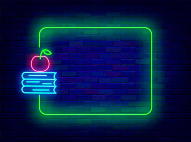 Stationery store neon poster. Lunch and learn. Back to school. Special offer invitation. Vector stock illustration Stationery store neon poster. Lunch and learn. Back to school. Special offer invitation. Shiny greeting card. Empty green frame and books stack with apple. Editing text. Vector stock illustration lunch and learn flyer stock illustrations