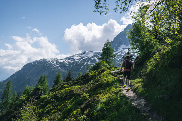 istock Trail runner bounds along mountain trail 2159816100