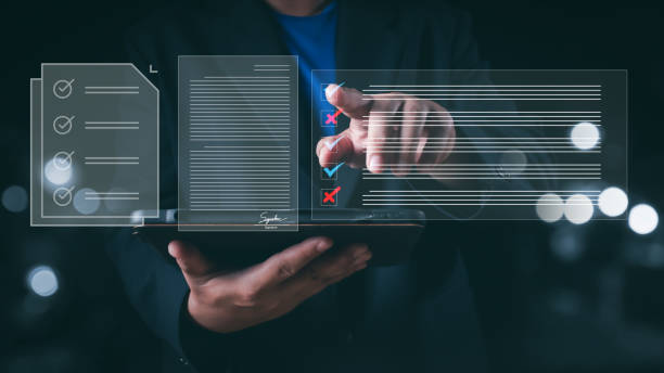 istock Checklist and filling survey form online. Document management system, DMS. Assessment form, questionnaire, checklist and clipboard task management. Businessman working on tablet productivity. 2159818611