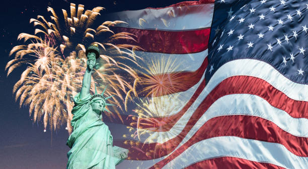 istock Statue of liberty with fireworks 2159819641