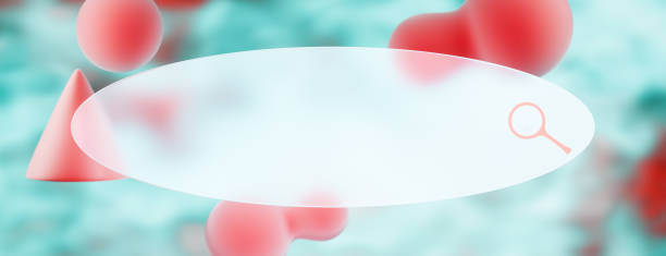 Abstract glass shapes with a magnifying glass on a blurred blue background. 3d rendering
