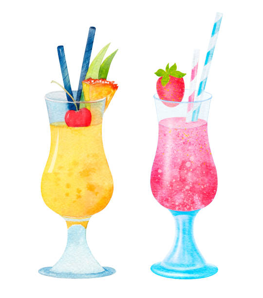 istock Set of two glamorous summer tropical cocktails, watercolor illustration. 2159823595