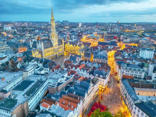 Aerial view city of Brussels Town Hall at sunrise, Belgium