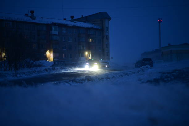 The central street of the polar city of Vorkuta. This is a night winter view.