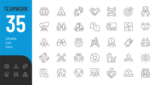 팀워크 라인 편집 가능한 아이콘이 설정되었습니다. - 아이콘 세트 stock illustrations
