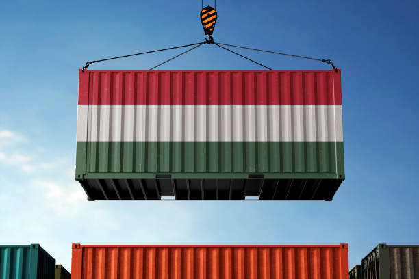 istock Hungary trade cargo container hanging against clouds background 2159826397