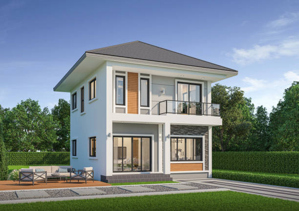 istock contemporary house exterior day light with lawn grass.3d rendering 2159826462