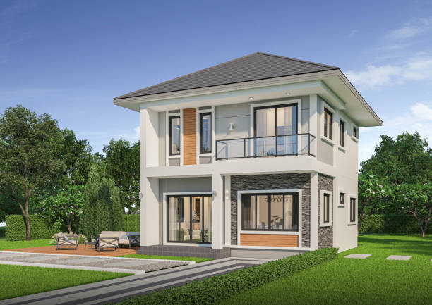 istock contemporary house exterior day light with lawn grass.3d rendering 2159826466