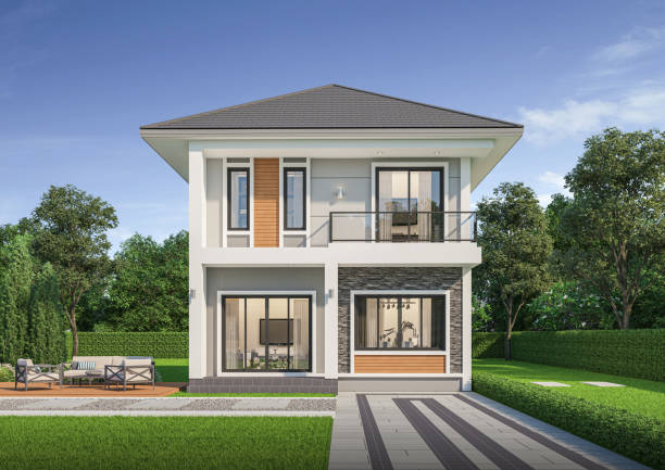 istock contemporary house exterior day light with lawn grass.3d rendering 2159826469