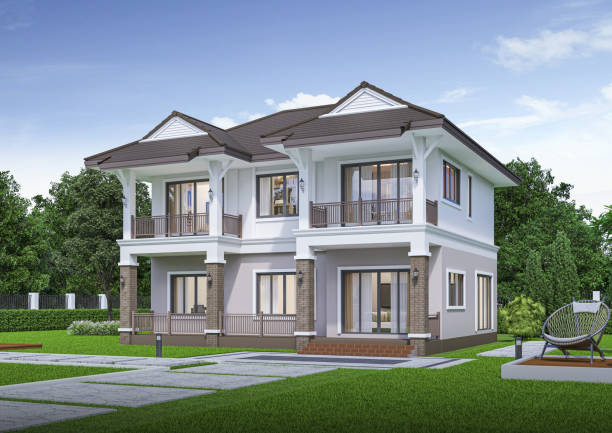 istock contemporary house exterior day light with lawn grass.3d rendering 2159826489