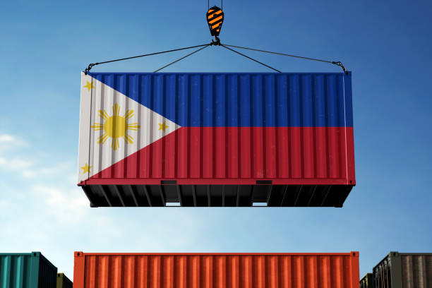 istock Philippines trade cargo container hanging against clouds background 2159826526