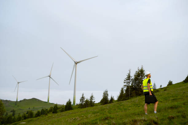 istock Engineer inspecting wind turbines in a grassy field 2159828449