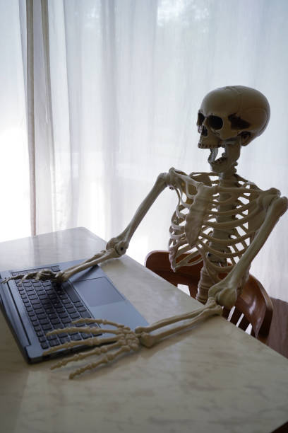 istock Skeleton with laptop sitting by the table . 2159830325