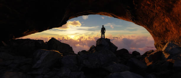 istock Adult adventurous man standing in a cave. 3d rendering mountain adventure artwork. 2159832674