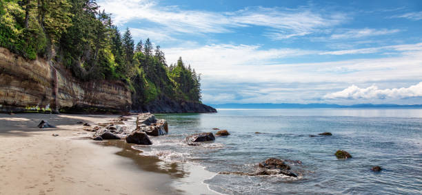 Sandy Beach on West Coast of Pacific Ocean. Mystic Beach, Juan de Fuca Trail, Vancouver Island, BC, Canada.