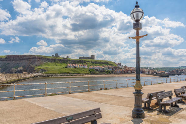 Aerial panorama of Whitby, a town on the North Yorkshire coast in England famous for its ruined abbey, at sunset on a summer evening.