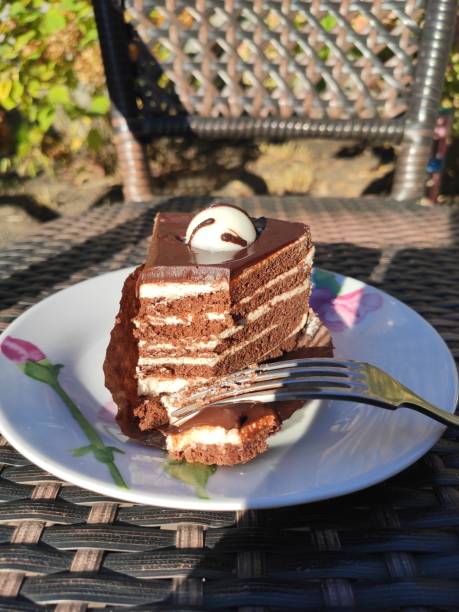 on a wicker table in a street cafe there is a vanilla-chocolate sponge cake with stripes and a fork on a plate, food is delicious dessert
