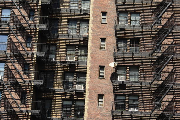 The rear of an apartment building is criss-crossed with fire escapes, whose shapes and shadows are virtually indistinguishable. One blank wall, with window openings bisects the array of metal staircases and, in the middle of it, some air conditioning units and a satellite dish stand out