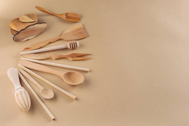 istock Reusable Wooden Cutlery and Bamboo Straws on Beige Background, Zero Waste Cooking 2159864121