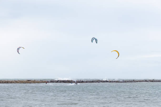 Kite surfers on the water of North Sea, Zandvoort, Netherlands