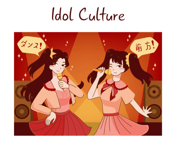 Idol culture. Musicians playing singing with a microphone. Girl band Idol culture. Musicians playing singing with a microphone. Girl band on stage. Live music performance in club. Flat vector illustration korea singer stock illustrations